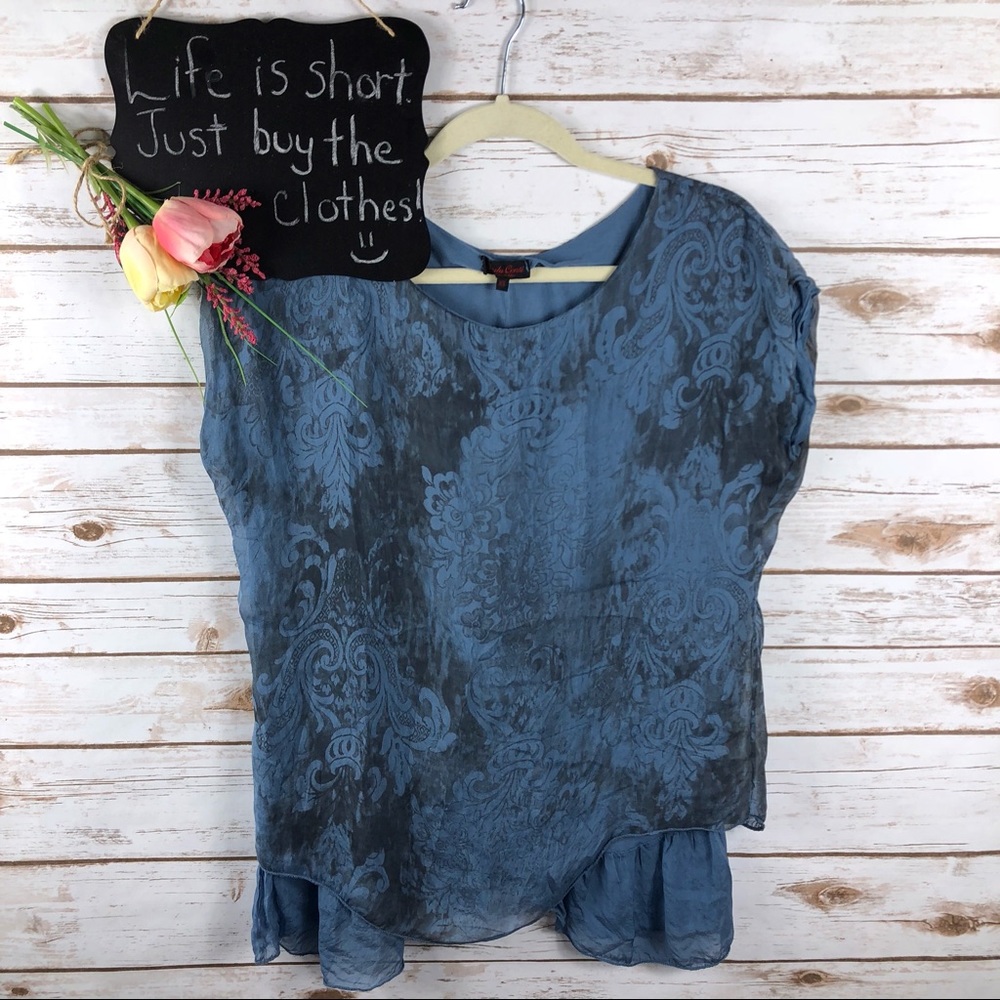 Carla Conti blue floral silk layered short sleeve